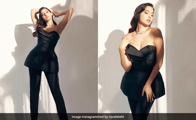 Nora Fatehi's Strapless Peplum Top And Animal Print Pumps Redefine Fierce Fashion
