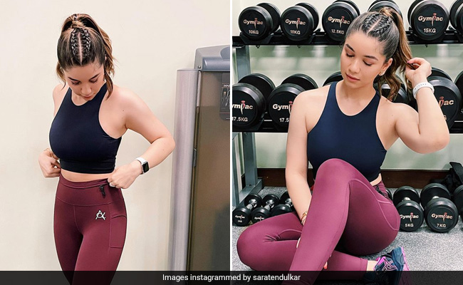 Sara Tendulkar Ups The Fitness Quotient In A Crop Top And Burgundy Tights With A Braided Ponytail