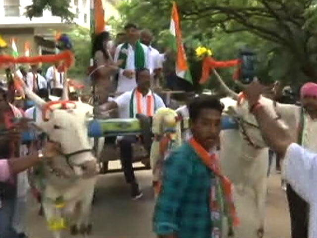 Karnataka Congress Leaders Show Up To Assembly In Bullock Carts