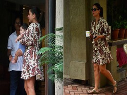 With Baby Jeh In Tow, It's Chic In The City With Kareena Kapoor In A Printed Shirt Dress And Sandals With Baby Jeh In Tow, It's Chic In The City With Kareena Kapoor In A Printed Shirt Dress And Sandals