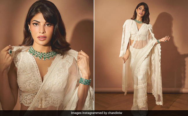 Jacqueline Fernandez Looks Absolutely Elegant In A White Jacketed <i>Saree</i>