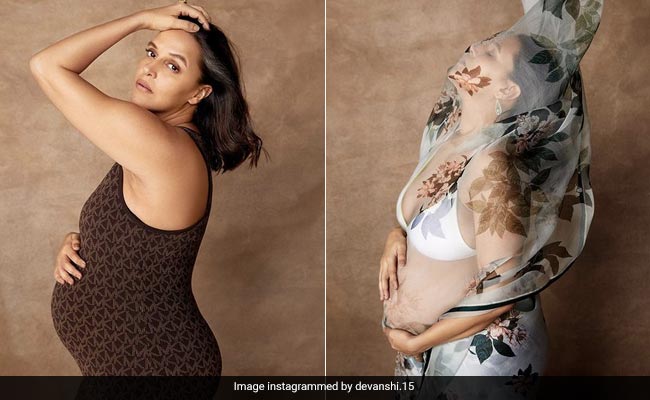 Neha Dhupia Showcases Her Baby Bump In A Sheer Floral <i>Saree</i> For A Glorious Maternity Shoot