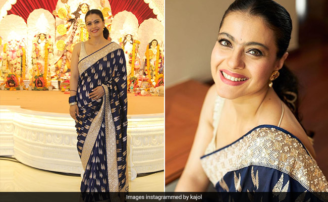 Kajol Turns Many Heads In A Royal Blue Brocade <i>Saree</i> For Durga Puja 2021