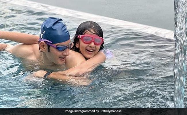 Just A Pic Of Mahesh Babu "Finding Peace" With Daughter Sitara And Son Gautham In A Pool In Switzerland
