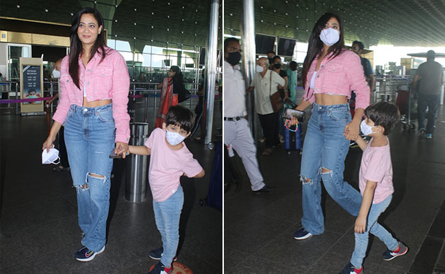 Shweta Tiwari Is A Stylish Mom In Matching Pink And Blue Casual Chic Airport Outfits
