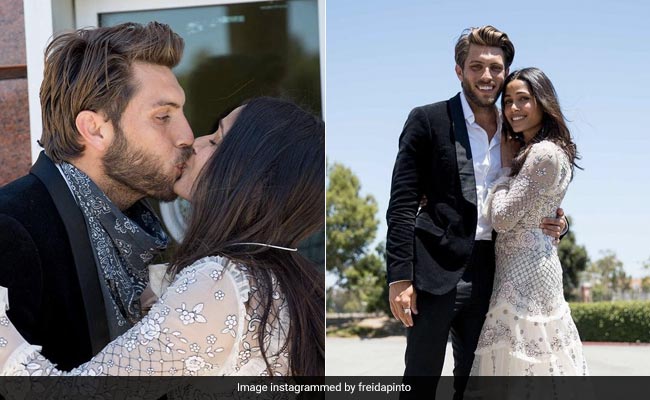 For Her Surprise Wedding To Cory Tran, Freida Pinto Looked Ethereal In Her Tiered Lace Wedding Dress