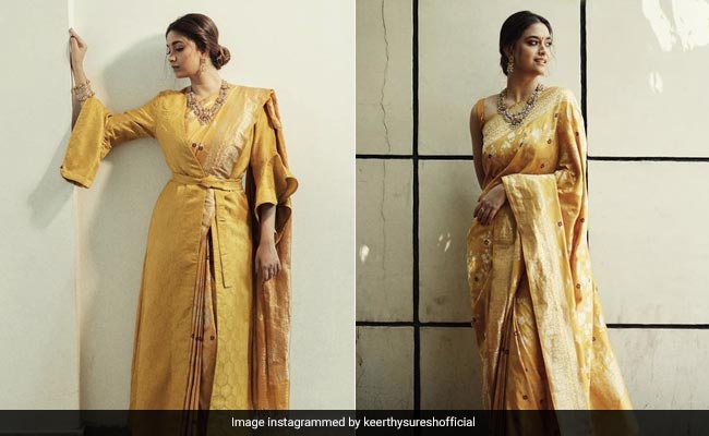 With Or Without A Jacket, Keerthy Suresh's Mustard Yellow <i>Saree</i> Is Fusion Styling At Its Best