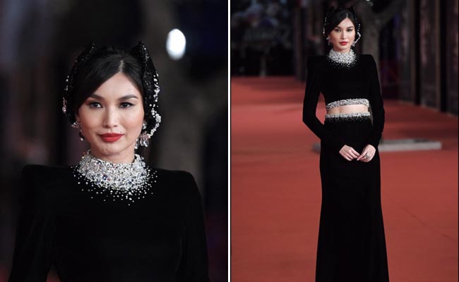 Gemma Chan Brought The Glitz And Glam In A Stunning Embellished Black Velvet Co-Ord Set
