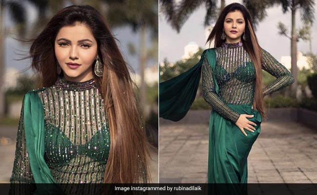 Rubina Dilaik Amps Up The Glamour In A Green Sequin <i>Saree</i> With A Bralette Blouse