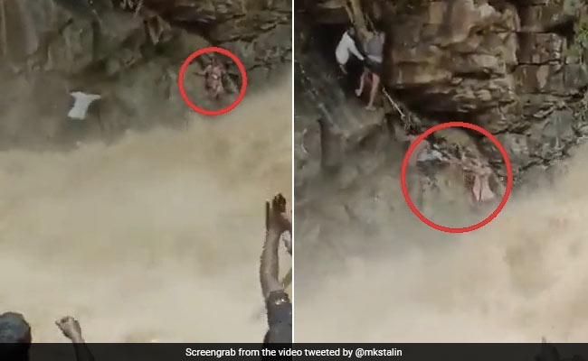 Watch: Mother And Child Rescued From Raging Waterfall In Tamil Nadu