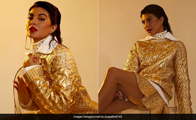Jacqueline Fernandez Drips Gold From Head To Toe In A Preppy Sweater And Skirt