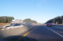 Cars Collide, Then Crash Into Concrete Barrier Cars Collide, Then Crash Into Concrete Barrier