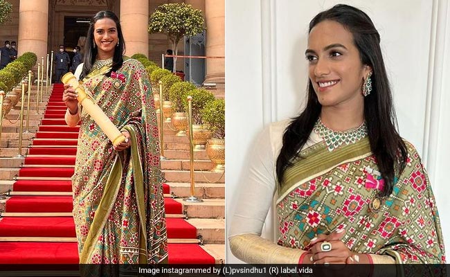 PV Sindhu Beamed With Pride In A Gorgeous Green <i>Patola Saree</i> As She Received The Padma Bhushan