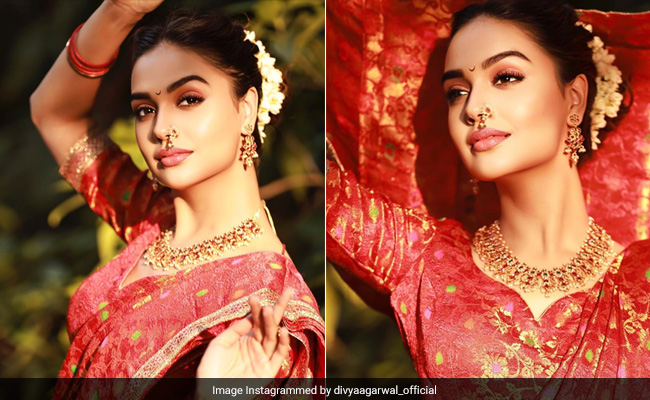 Divya Agarwal Is Making The Ravishing Red <i>Saree</i> A Gorgeous Festive Pick For Diwali
