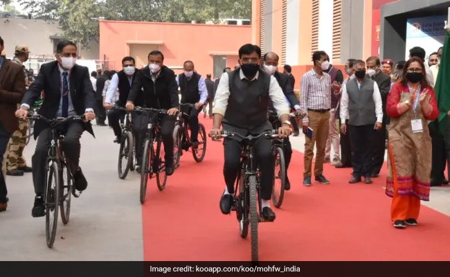 In Photos: Health Minister Cycles To International Trade Fair In Delhi