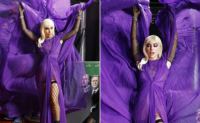 Lady Gaga Leaves Us Swooning In Tights, Boots And A Purple Gown By, Who Else But Gucci