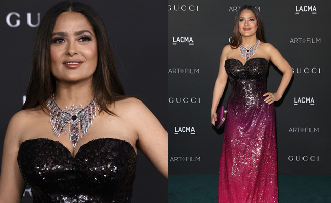 Salma Hayek In A Sequin Ombre Strapless Gucci Gown Looks Nothing Short Of Breath-Taking