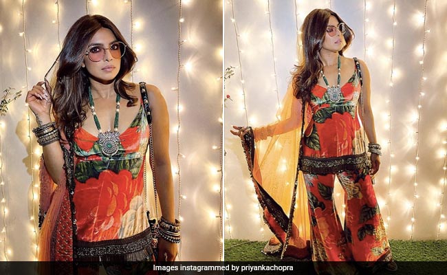 Priyanka Chopra Brings Back Retro Fashion In An Orange And Green Velvet Sabyasachi Sharara