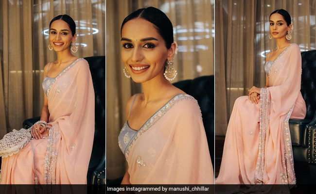 Manushi Chhillar Is Pretty In A Pastel Pink Anita Dongre <i>Saree</i> Enough For Us To Take Notes