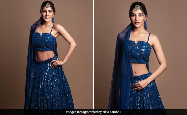 Nikki Tamboli's Blue Sequin <i>Lehenga</i> Is The Perfect Ethnic Dress Code For The Wedding Season