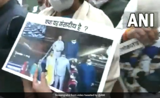 BJP Counter-Protest On Parliament Premises Against Stir By Suspended MPs