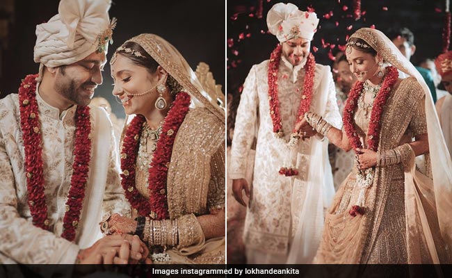 Ankita Lokhande Looked Like A Dream Bride In A Shimmery Gold Manish Malhotra <i>Lehenga</i>