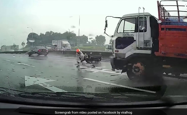 Video: Motorcyclist Crashes In Front Of Approaching Truck. Then...