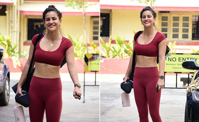 Aisha Sharma's Burgundy Top And Tights Is The Sporty Style Our Midweek Desperately Needs