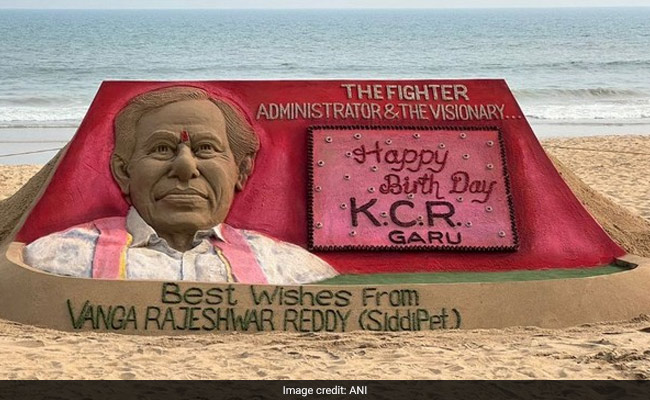 Odisha Artist Creates Sand Sculpture Of Telangana's KCR On His Birthday