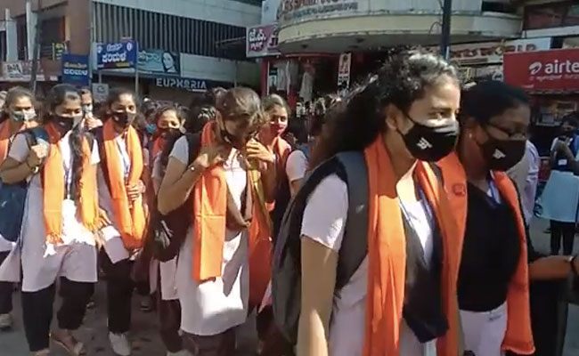 Students In Saffron Scarves At Karnataka College Amid Row Over Hijab