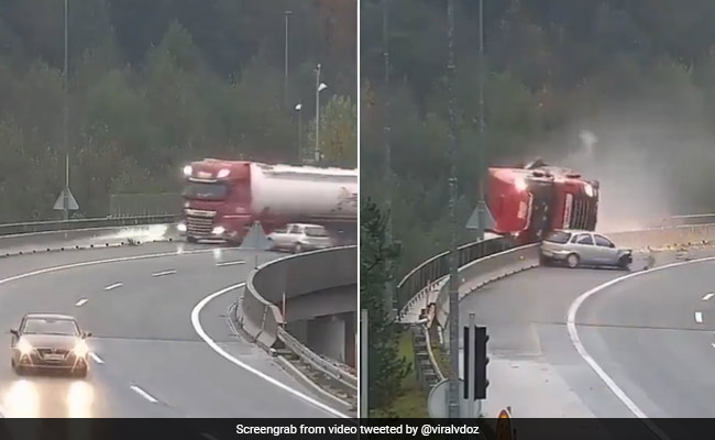 फ्लाईओवर पर खतरनाक हादसे का शिकार हुआ ट्रक, वीडियो में कैद हुआ खौफनाक नजारा