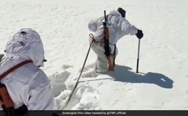Watch: Border Police Personnel Patrol At 15,000 Feet In Snow-Clad Himalayas