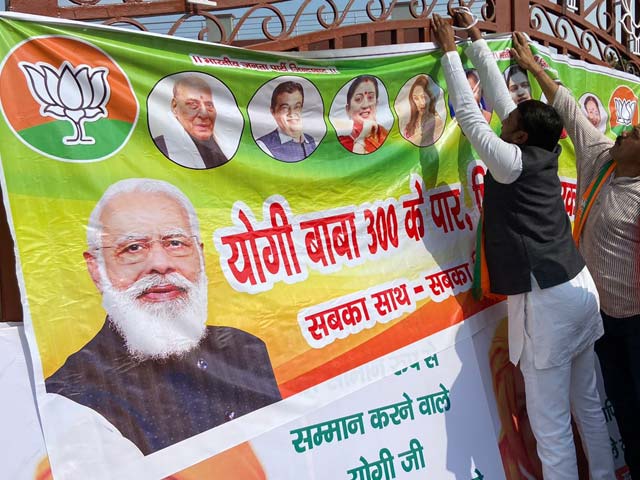 Banners Celebrating BJP Victory In Lucknow As Trends Show Big Lead In UP
