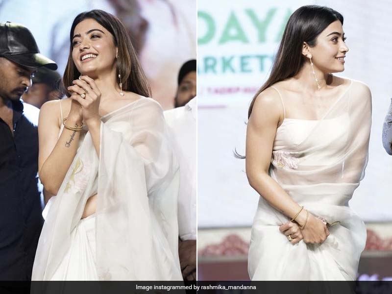 Rashmika Mandanna Wears Her Chic White Chiffon Saree With Absolute Grace