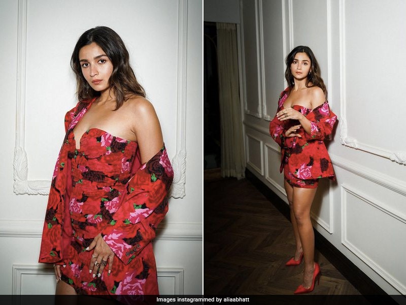 Lady In Red Alia Bhatt Aces A Floral Tube Dress With A Floral Blazer
