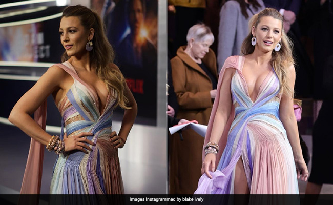 Blake Lively's Sorbet Shaded Versace Rainbow Dress Screams Spring On The Red Carpet