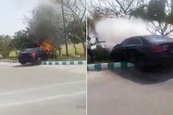 Mercedes Crashes, Catches Fire Near Noida F1 Track, Driver Escapes Unhurt Mercedes Crashes, Catches Fire Near Noida F1 Track, Driver Escapes Unhurt