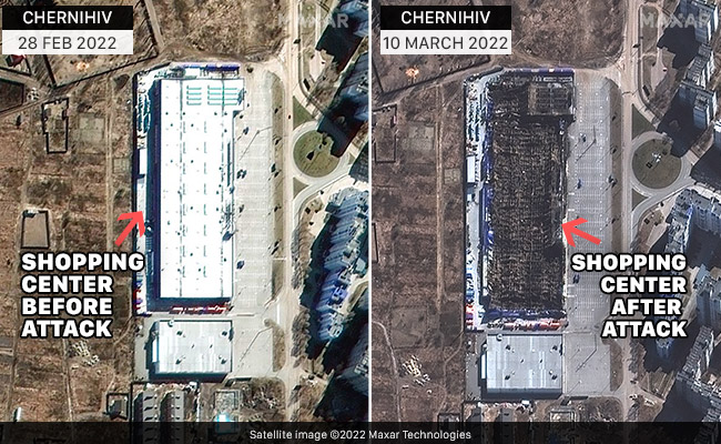 Satellite Images Show Ukrainian Malls Destroyed, Burning After Russian Attacks