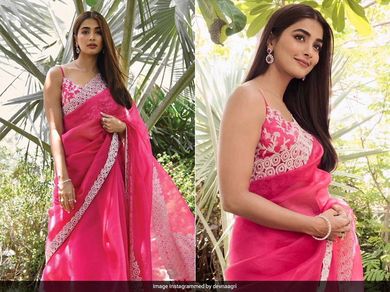 Brightening Up Summer Style Is Pooja Hegde In A Fuschia Pink Organza Saree