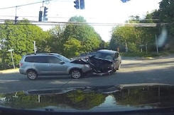 Caught On Camera: Two Cars Collide Head-On At Intersection Sparking Fire Caught On Camera: Two Cars Collide Head-On At Intersection Sparking Fire