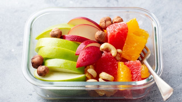 Fruits and nuts are great snacks while at work