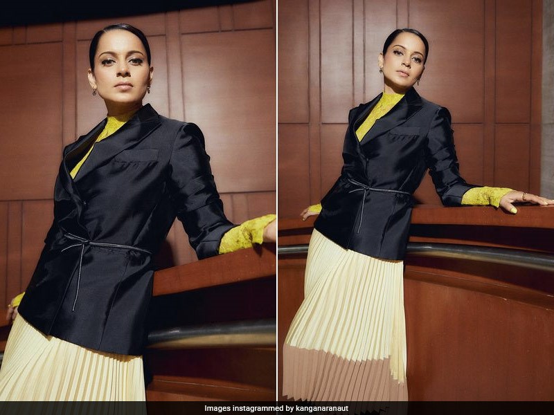 Kangana Ranaut Makes A Bold Statement With A Blazer On A Pleated Midi Dress