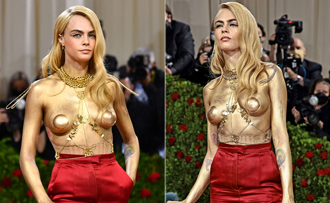 Cara Delevingne Extends Gilded Glamour To Her MET 2022 Makeup With Gold Body Paint On The Red Carpet