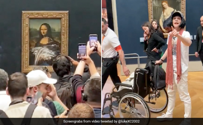 Man dressed as old woman throws cake at da Vinci painting 2 oind7n58 mona