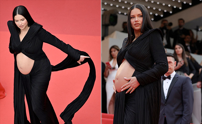 Adriana Lima Makes A Fashion Statement With Her Baby Bump In A Black Balmain Gown On The Cannes Red Carpet 2022