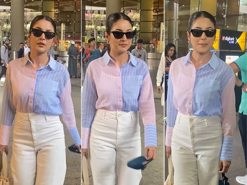 Shehnaaz Gill Goes The Pastel Route To The Airport In A Trendy Two-Toned Shirt, Wide Leg Jeans