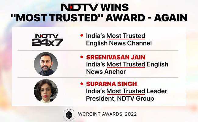 "Most Trusted" Awards For NDTV, Sreenivasan Jain, Suparna Singh