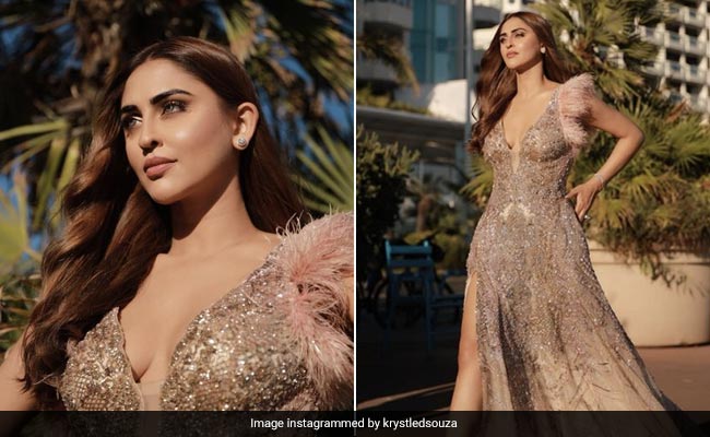 "When In Cannes", Krystle Dsouza Steals The Spotlight In A Splendid Shimmery Feathered Gown