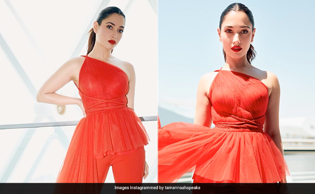 Tamannaah Bhatia Goes Brilliantly Bold In A Red Monochrome One Shoulder Top And Pants