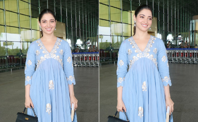 Tamannaah Bhatia's Breezy Ethnic Look In A Blue Anarkali Kurta And Hermes Kelly Handbag Is A Travel Fashion Dream